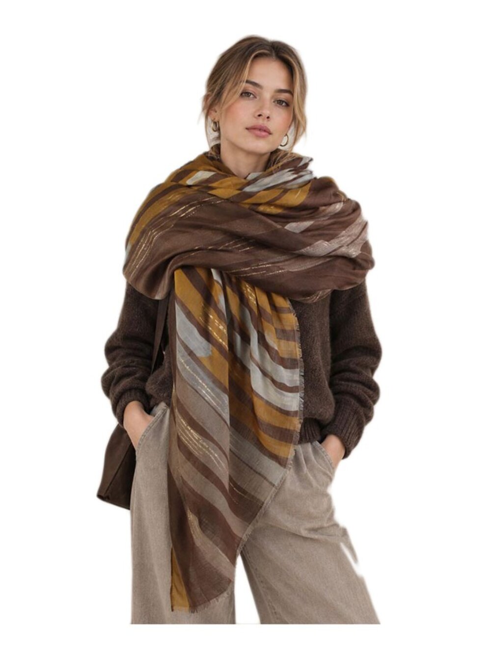Tigerstars Tan Geometric Print Shawl Wrap Scarf